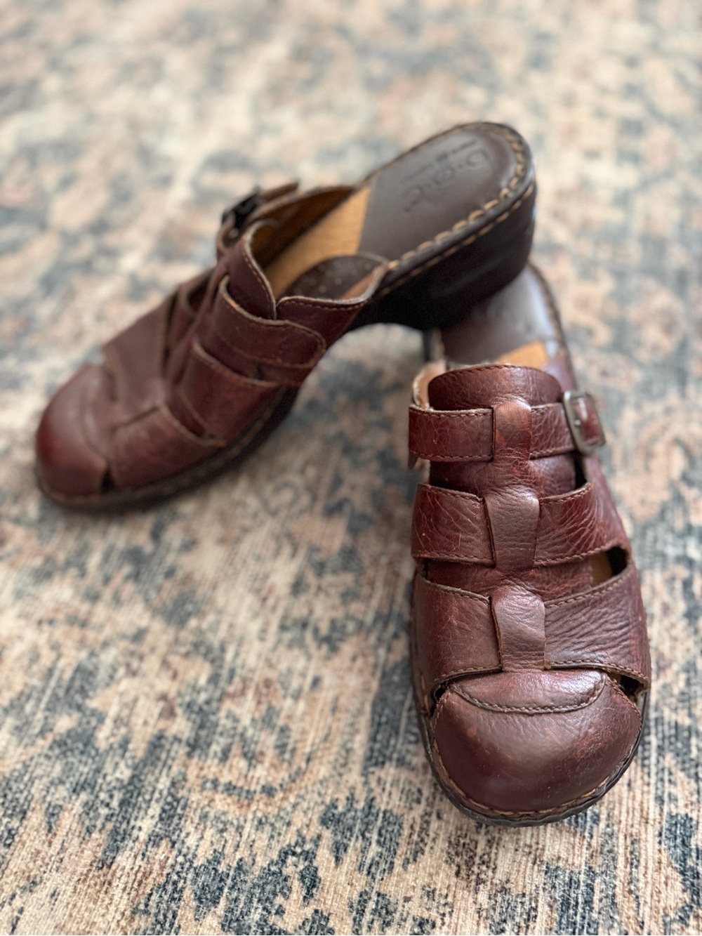 BORN Brown Leather Fisherman Clog Slide On Wedge Mule 11 - Picture 1 of 14